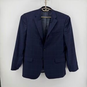 Jos A Bank Executive Navy Windowpane 100% Wool 2 Piece Suit 44L 38W Tailored Fit